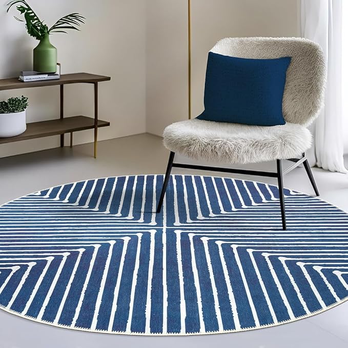 GLN Rugs Contemporary Collection - Machine Washable Area Rug, Contemporary Washable, Non Slip, Low Pile Chenille Rug, Living Room, Bedroom, Kitchen Rug (5'3" Round Lines Blue)