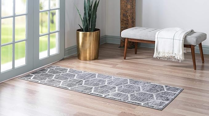 Rugs.com Lattice Trellis Collection Rug – 6 Ft Runner Gray Low-Pile Rug Perfect for Hallways, Entryways
