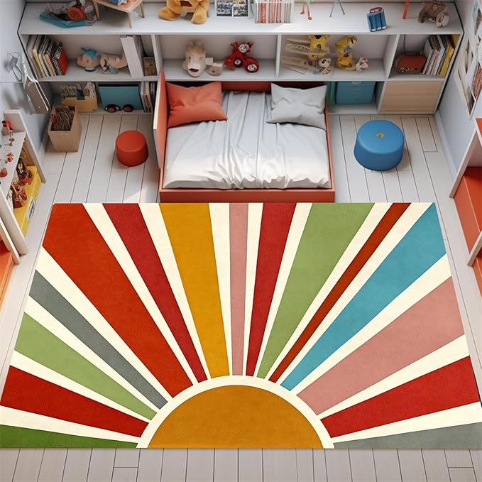 Rainbow Sun Area Rug,5x8ft,Medieval Vintage Geometric Rugs,Boho Style Bedroom Decor Rug Soft Machine Washable Carpet for Indoor Bedroom Living Room Office Decor