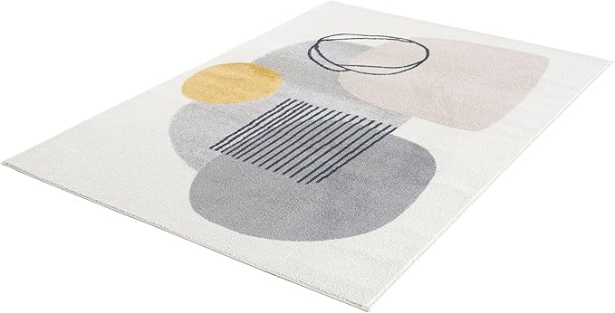 Abani Rugs Cream and Gray 5’3” x 7’6” (5'x8') Mid-Century Rug with Circles and Lines. Neutral Tones of Cream, Gray and a pop of Yellow. Minimalistic Design Turkish Stain Resistant Area Rug.