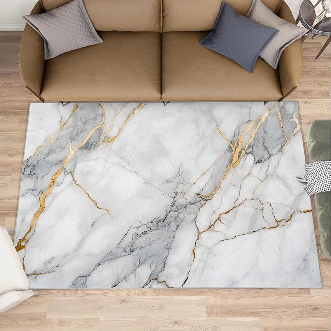 8x10 Abstract Marble Rugs for Living Room - White-Marble Large Area Rug, Modern Luxury Modern Boy Nursery Rug Soft Washable for Classroom Office Bedroom Kids Room