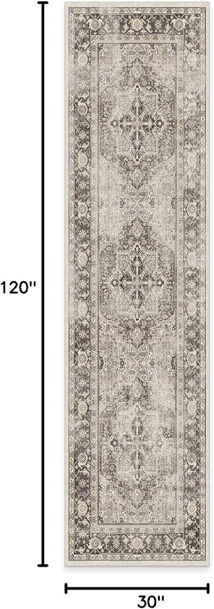 RUGGABLE Washable Vintage Runner Rug – Kamran Hazel 2.5x10, Stain-Resistant, Non-Slip Hallway Runner – Machine Washable Rug for Hallway, Entryway, Living Room & Kitchen–with Cushioned Pad