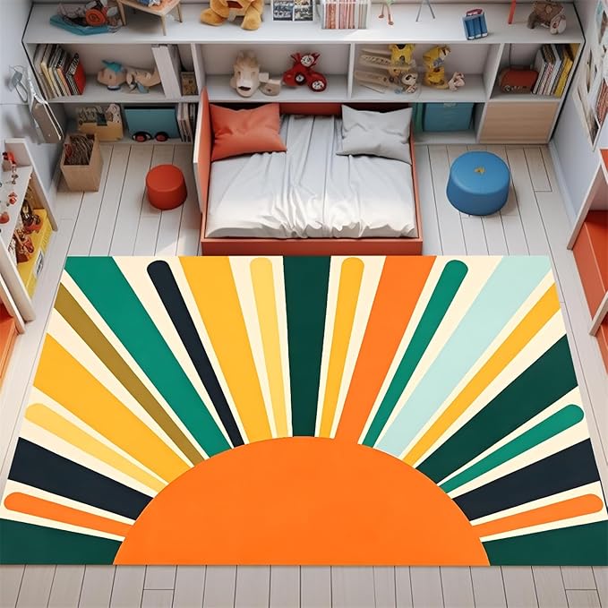 Rainbow Sun Modern Boho Large Area Rugs,5x8ft,Minimalist Living Room Bedroom Decor Rug Ultra-Soft, Fluffy, Lightweight Indoor Carpet with Non-Slip Backing for Kids Nursery Play Room