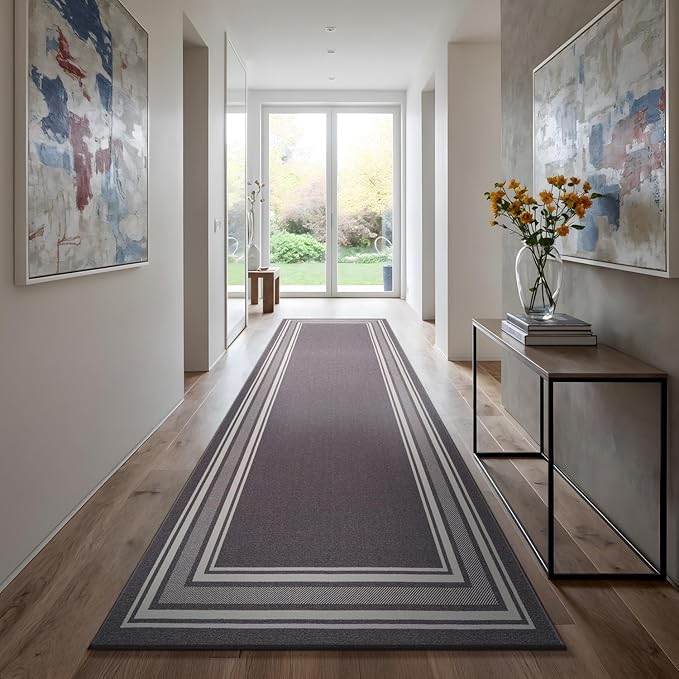 Beverly Rug Non Slip Area Rugs 2x7 Modern Bordered Non Skid Rubber Backing Soft Runner Rug for Living Dining Room Easy to Clean Non Shedding Kitchen Bedroom Indoor Carpet 2 x 7 Gray