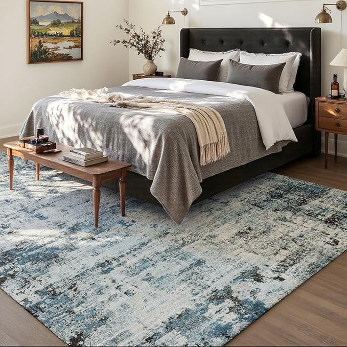 Area Rug 8x10 Washable Rug Blue for Living Room, Dining Room, Bedroom, Large Carpets, Non Slip & Non-Shedding Low Pile Vintage Print Rug for Home Office Decor