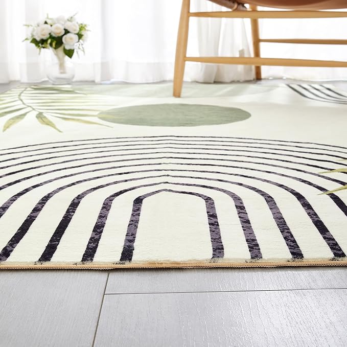 RoomTalks Mid Century Modern Washable Rug Stain Resistant, Boho Cute Aesthetic 8x10 Area Rugs for Bedroom Dining Living Room Office, Green Abstract Tropical Leaves Indoor Rug Plant Botanical Carpet