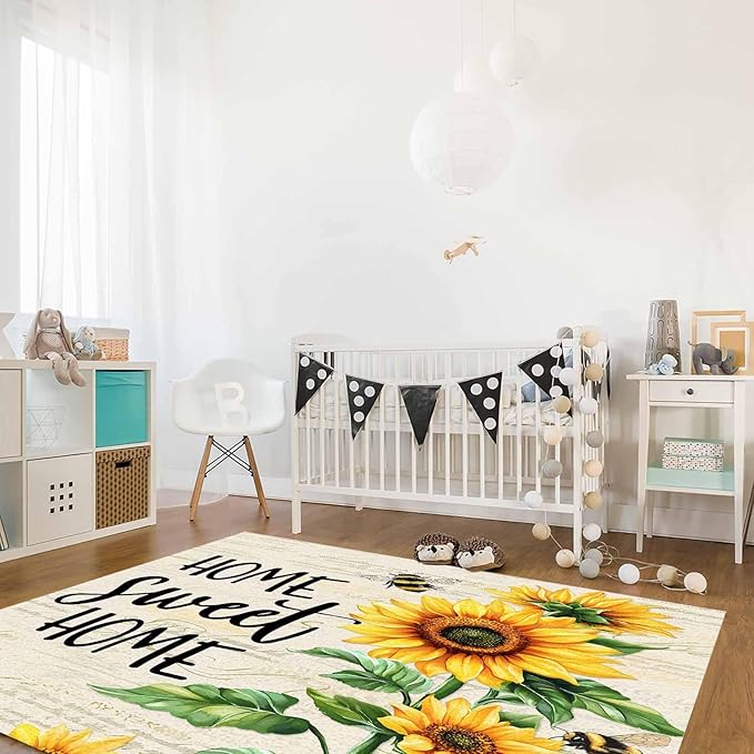 Summer Sunflowers Rectangular Area Rugs for Living Room Bedroom 2.8 x 5 ft Rustic Floral Bees Green Leaves Non-Shedding Soft Low Pile Rug Non Slip Washable Rug for Nursery Entryway Playroom
