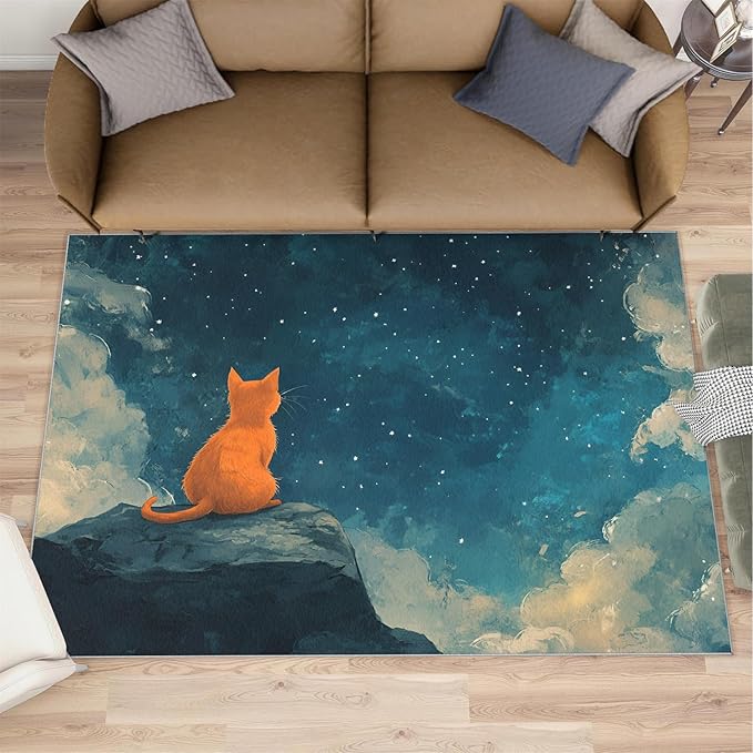 Orange Cat Rugs for Bedroom - 2x3 Area Rug - Cartoon Starry Sky Rugs for Living Room, 3D Cute Cat Rug, Non-Slip Washable Home Decor Carpet