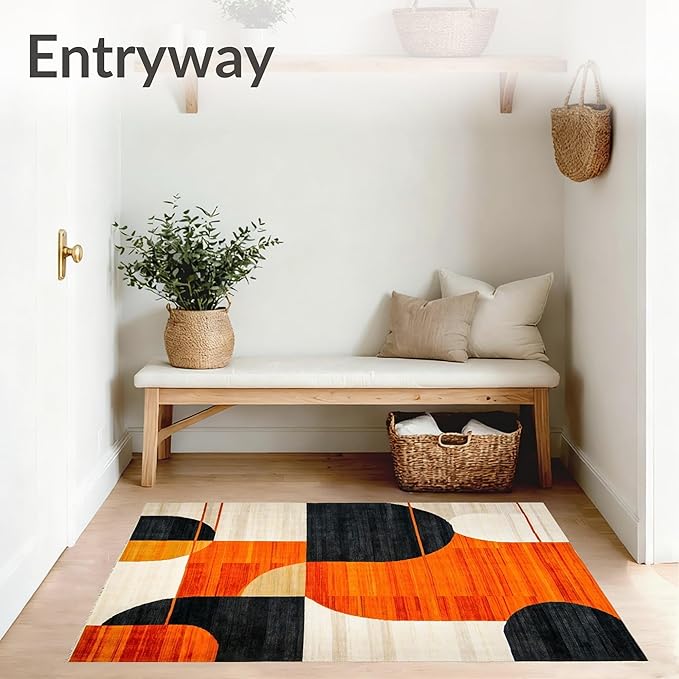 Flatwoven High Traffic Area Rug 8x10, Copper Black Orange Geometric Abstract Design, Non Slip, Stain Resistant, Washable Area Rugs for Living Room, Bedroom (Orange, 8x10)