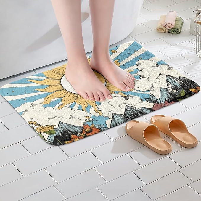 Erosebridal Sun and Moon Bathroom Mat Boho Bohemian Hippie Microfiber Bath Rug Moon Phase Print 3D Entryway Door Mat 16x24 Geometric Striped Bath Mat Sunflower Daisy Bath Rugs Retro Decor