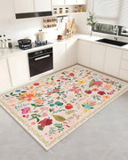 Boho Washable Area Rug 5x7 – Floral Low Pile Non-Slip Carpet for Living Room, Bedroom, Office, Playroom, Entryway, Kitchen, Dining Room (Beige)