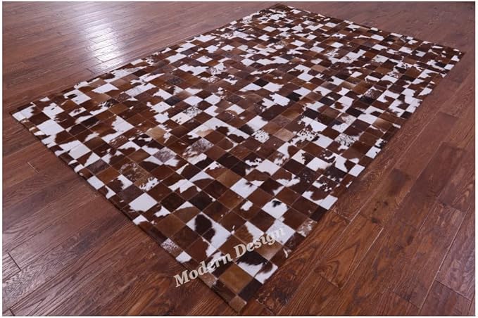Modern Design Premium Cowhide Leather Carpet with Chevron Pattern, Area Rug (Brwon/White, 12x15)