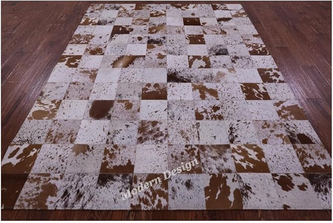 Modern Design Premium Cowhide Leather Carpet with Chevron Pattern, Area Rug (White/Brown, 9x15)