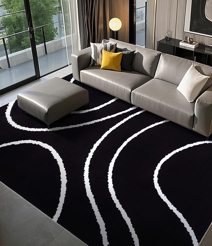 YIHOUSE Black Modern Area Rugs 8x10,Large Black and White Rugs for Living Room,Wave Washable Rug 8x10,Thin Abstract Geometric Rug,Minimalist Striped Rugs for Bedroom,Office