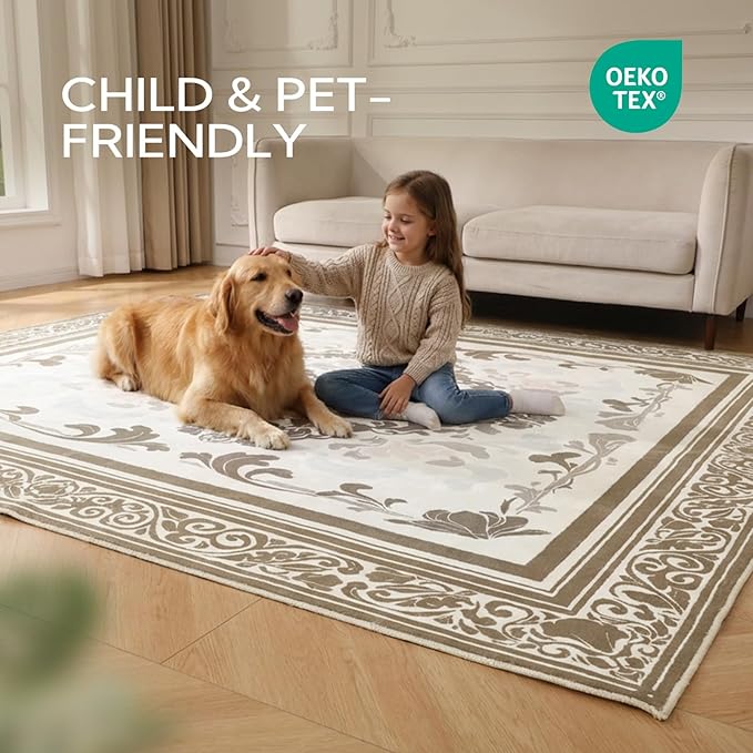 SOULFUL Medium Pile 8x10 Rugs for Living Room - Soft Foot Feel Large Area Rug - Brown Boho Floral - Washable Non-Slip - Perfect for Bedroom Kids Room Under Dining Table Office