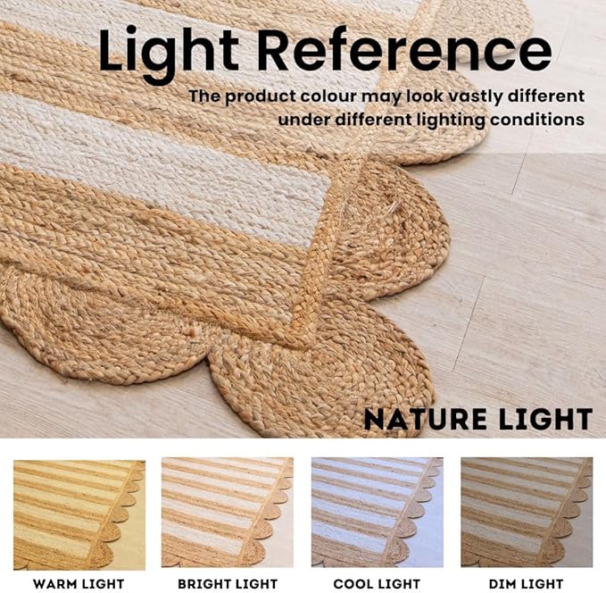HOMEMONDE Scallop Jute Rug - 5'x8' Natural Fiber Boho Farmhouse Style Décor - Handmade Rustic Vintage Braided Area Rug for Bedroom, Living Room, Dining Area, Kitchen