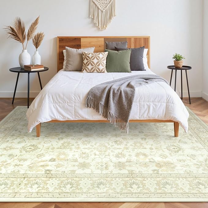LIVEBOX Washable Area Rug 8x10 - Large Beige Boho Living Room Rug Vintage Rugs for Bedroom, Non-Slip Retro Floral Carpet Print Distressed Accent Rugs for Dining Room Home Office