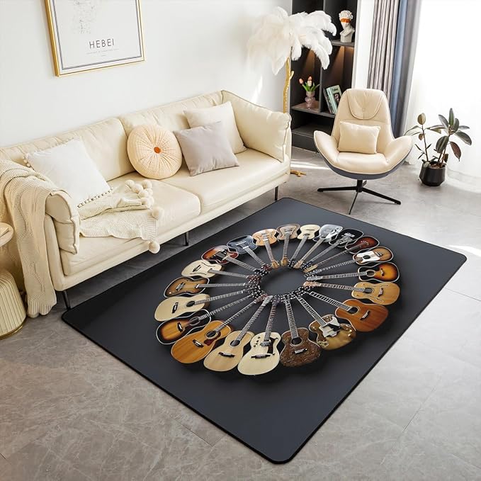 Round Guitar Area Rug 3x5 Musical Instruments Rugs for Living Room | Music Notes Modern Rock Washable Rug, Grunge Hip Hop Carpet Indoor Floor Mat