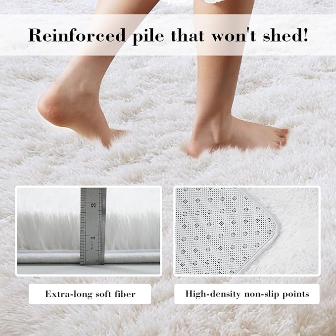 Fluffy Rug Shaggy Area Rug, White 6x9 Area Rugs for Living Room, Large Shag Area Rugs for Bedroom Kids Room Home Decor, Upgrade Anti-Skid Rectangular Fuzzy Rugs