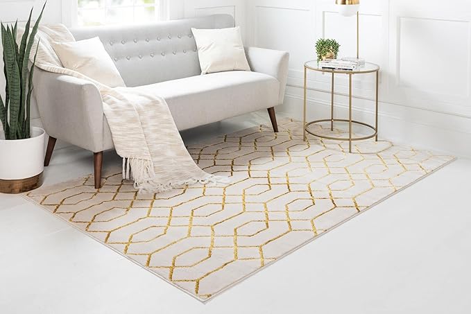 Unique Loom Marilyn Monroe Glam Collection Area Rug - Trellis (6' 1' x 9' Rectangle, White Gold/ Gold)