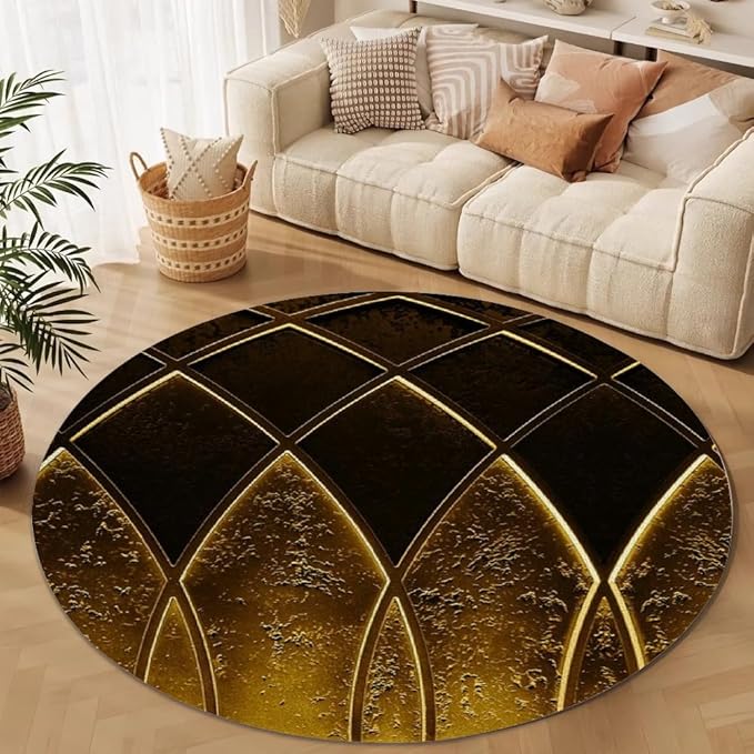 Luxury Black Gold Round Rug Vintage Golden Texture Living Room Circle Area Rugs 4ft Washable Soft Non Slip Low Pile Indoor Floor Carpet for Bedroom Office Kitchen Coffee Table