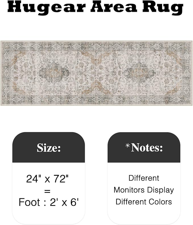 HUGEAR 2x6 Runner Rug Hallway Machine Washable Retro Taupe Green Vintage Floral Low Pile Carpet Distressed Long Throw Rug Bedroom Office Bathroom Kitchen Laundry Non Slip Soft Lightweight