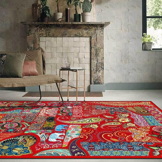 Vintage Boho Area Rugs Multicolor Ethnic Style Geometric Splicing Carpets Bedroom Living Room Kitchen Floor Mats Indoor Outdoor Non-Shedding Runner Rug Home Décor Carpet 5' X 6'