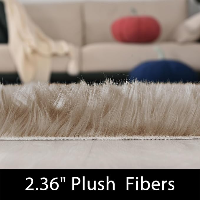 Latepis Brown Beige 2x5 Washable Small Rug Faux Sheepskin Fur Rug Fluffy Shag Rugs for Living Room Bedroom Dorm Furry Plush Rugs Cute Room Decor