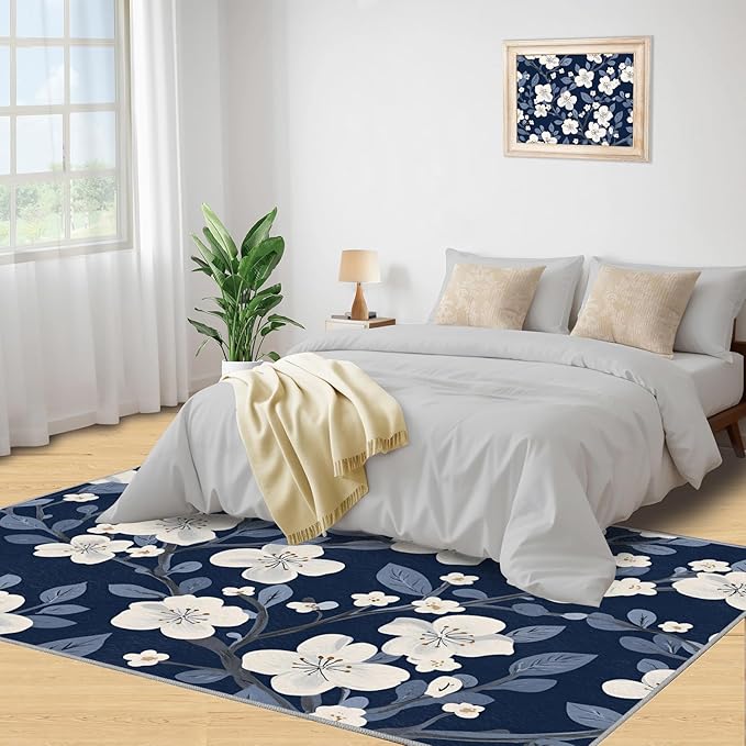 Boho Rugs for Bedroom - 5x8 Area Rug - Blue White Flowers Rugs for Living Room, Vintage Modern Flowers Rug, Washable Home Decor Carpet