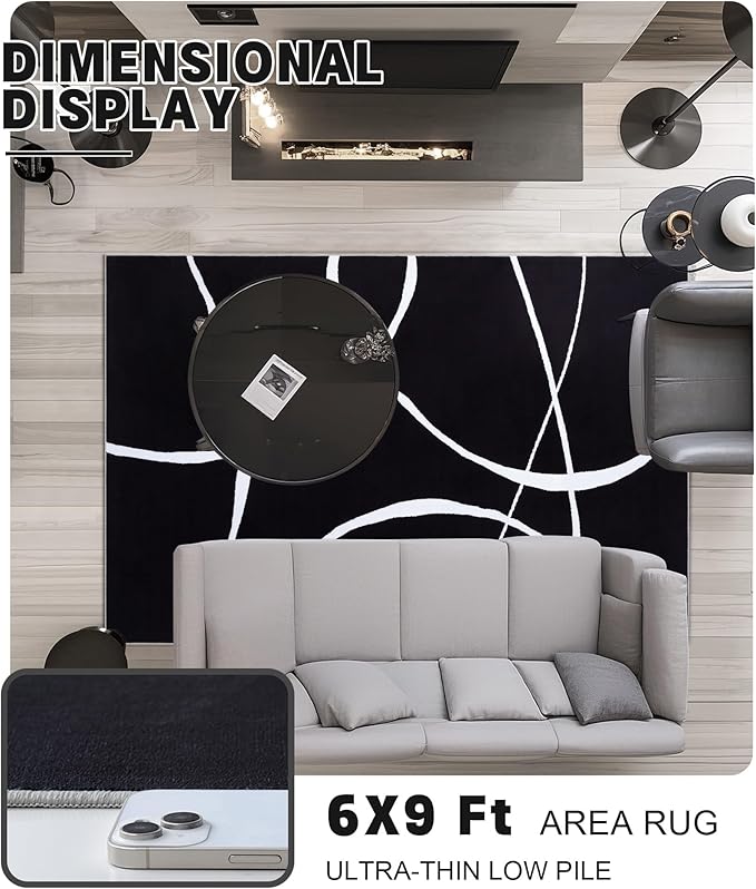 YIHOUSE Modern Washable Area Rug for Living Room Bedroom - Large Abstract Black and White Rug Non-Slip Ultra-Thin Home Decor (Dark Curve, 6'x9'ft)