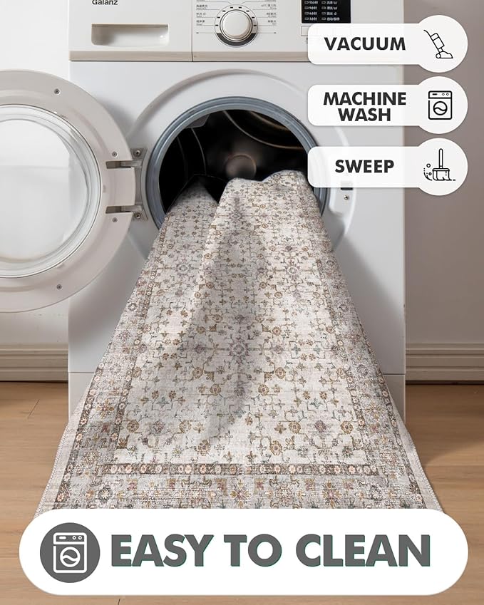 LUMI Washable Kitchen Rug, 23x87 Non-Slip Indoor Hallway Runner, Soft Low Pile Vintage Distressed Area Rugs for Laundry, Bedroom, Beige