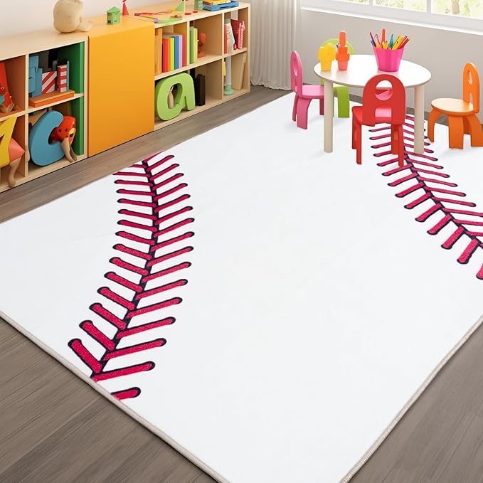 Baseball Soft Area Rug, Cute Bedside Shag Rug for Kids Toddlers Teens, Baseballs Lovers Room Decor Indoor Carpet for Kids Room Bedroom Living Room, Nursery, Machine Washable 7x9 FT