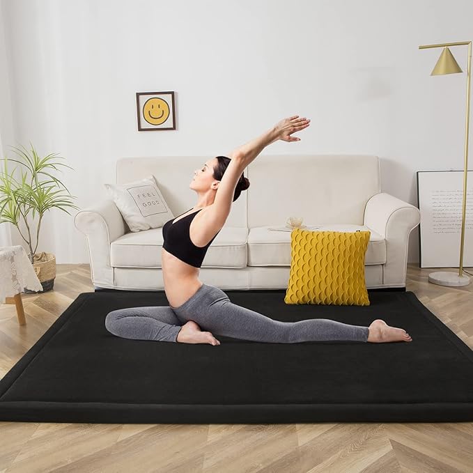 MAXYOYO Black Coral Velvet Area Rug, Thick Japanese Tatami Mat Living Room Carpet with Non-Slip Backing, Large Solid Color Mat for Bedroom Dormitory Yoga, 49 by 49 inch