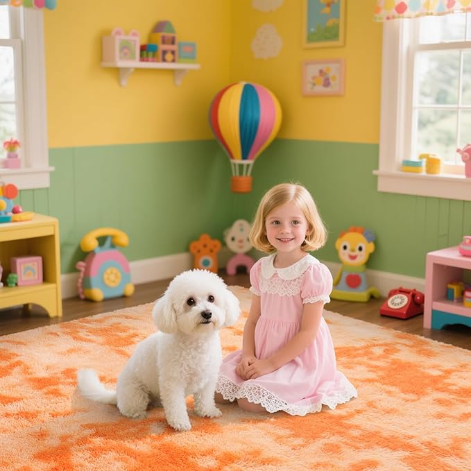 Mottling Orange Fluffy Rug Shaggy Area Rug, 3x5 Area Rugs for Girls Bedroom, Soft Cute Baby Play Mat, Indoor Floor Carpet for Teen, Nursery, Preppy Dorm, Plush Aesthetic Bedside Rug