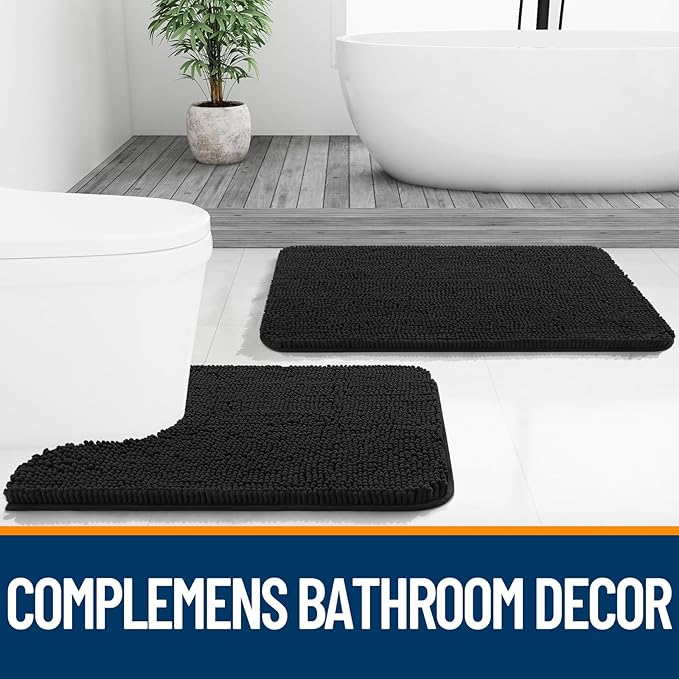 OLANLY Bathroom Rugs 40x32, Extra Soft Absorbent Chenille Bath Rugs, Rubber Backing Quick Dry, Machine Washable Bath Mats for Bathroom Floor, Tub and Shower, Home Decor Accessories, Black