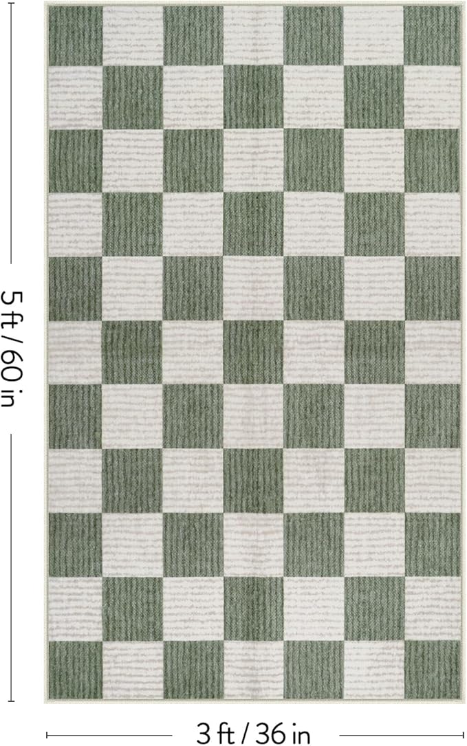 LIVEBOX 3x5 Washable Area Rug Checkered, Non-Slip Small Entryway Rug Green Farmhouse Neutral Classic Geometric Boys Rug for Bedroom Room Low-Pile Carpet for Indoor Kitchen Bathroom(Sage Green 3'x5')