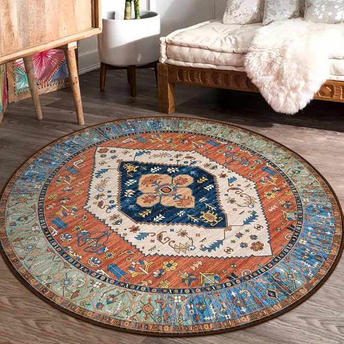 Lahome Boho Washable 4Ft Round Area Rug, Non-Slip Throw Untra-Thin Small Round Carpet, Oriental Vintage Distressed Circle Rug for Bedroom Kitchen Dining Living Room Office, 4x4/Rust