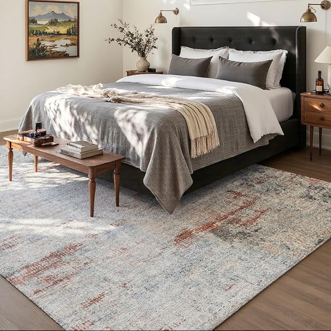 Area Rug 4x6 Washable Rug Grey and Brown for Living Room, Dining Room, Bedroom, Large Carpets, Non Slip & Non-Shedding Low Pile Vintage Print Rug for Home Office Decor