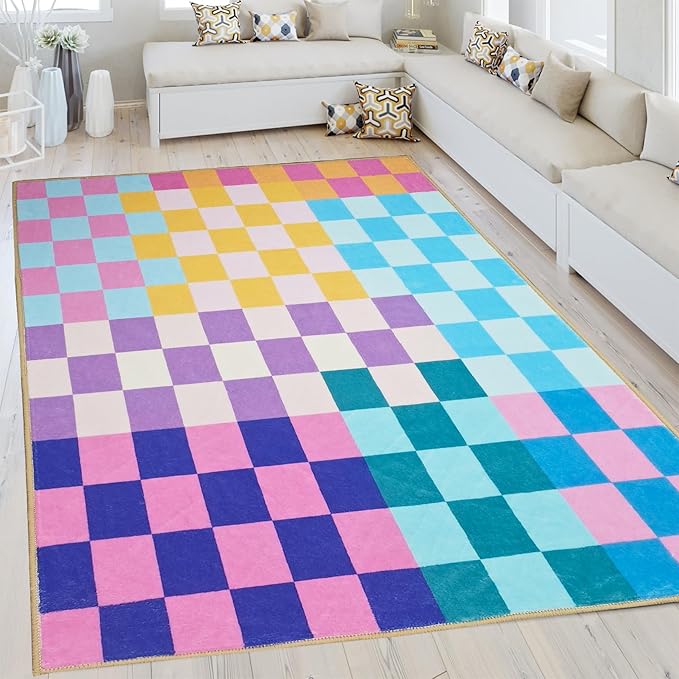 Multicolored Checkered Rug 5x7,5x7 Area Rugs for Living Room Bedroom,Indoor Non-Slip Large Colorful Checkered Rug for Kitchen Entryway Bathroom Office