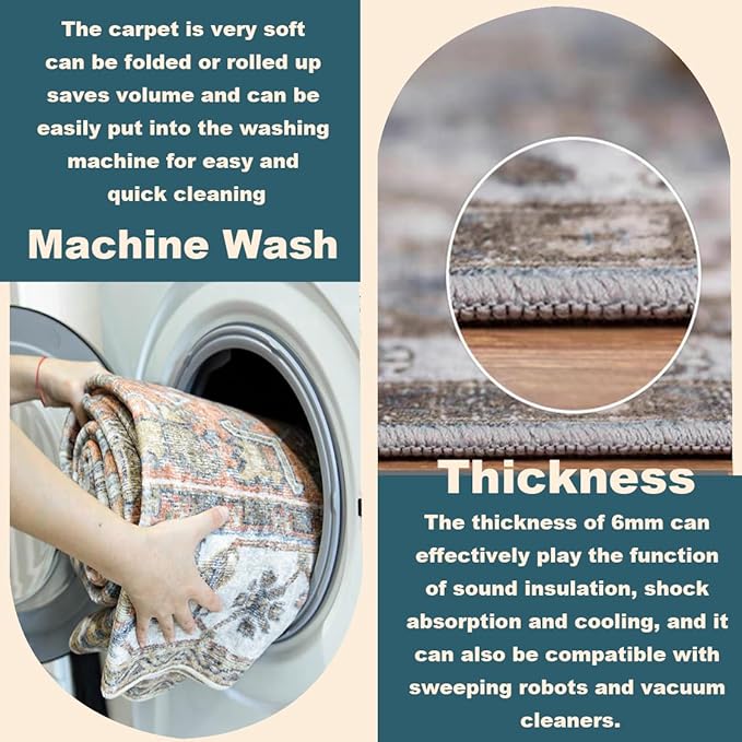Washable Area Rug 9'x12' Retro Boho Design Non-Shedding Easy Care Ideal for High Traffic Areas in Living Room Bedroom Office Coffee Table Kitchen Large Carpet
