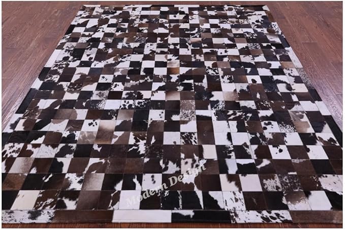 Modern Design Premium Cowhide Leather Carpet with Chevron Pattern, Area Rug (Brown/White-1, 3x12)