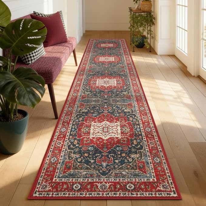 Enkor Runner Rugs for Hallway, 2x10 Washable Soft Boho Non Slip Floor Rugs for Kitchen, Modern Mat for Living Room Bedroom Entryway Red & Blue