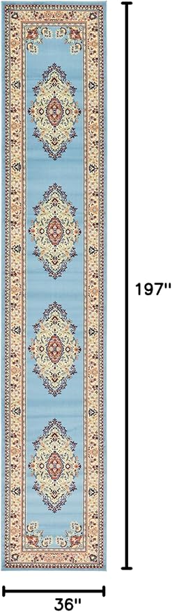 Unique Loom Reza Collection Traditional Persian Style Area Rug, Runner 3' 0" x 16' 5", Light Blue/Ivory