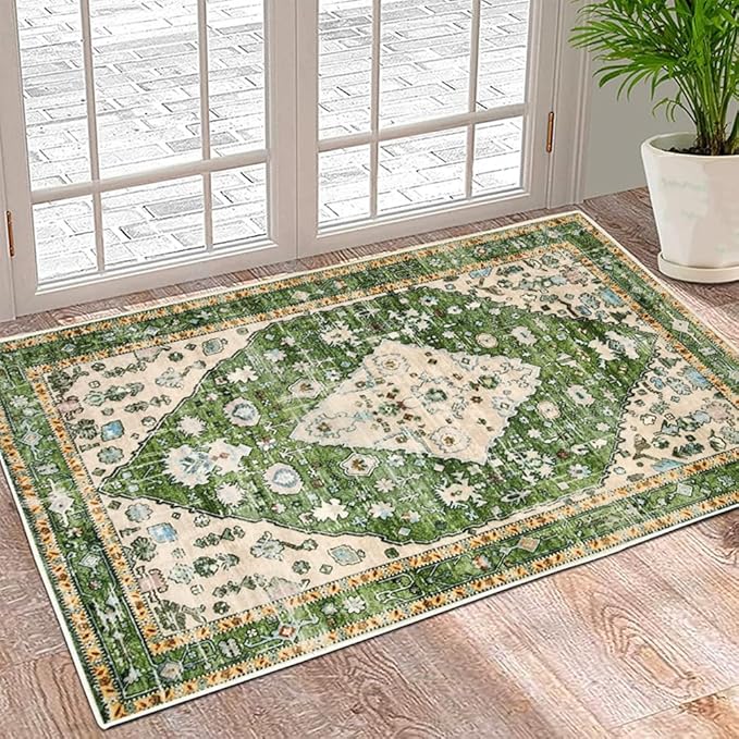 Boho Vintage Oriental Entry Rugs for Entrance Non-Slip Washable Tribal Small Area Rug,Ultra Soft Bohemian Floral Medallion Low-Pile Indoor Front Door Mat for Bedroom Kitchen Bathroom 16" x 24"