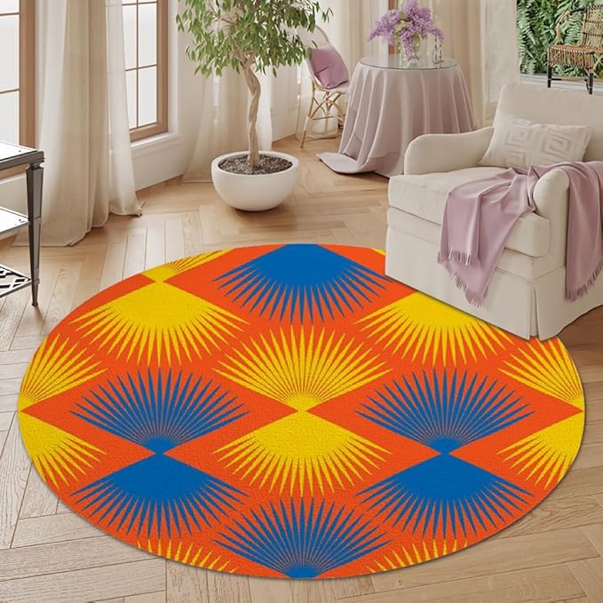 Vintage Blue Orange Round Rug Retro Pattern Print Area Rug Washable 6ft Circle Rugs for Living Room Bedroom Non Slip, Soft Indoor Floor Carpet for Kitchen Entryway Family Room