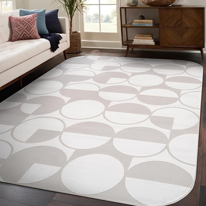 Beverly Rug Modern Geometric Area Rug 6x9 Low-High Pile Durable Soft Abstract Circular Indoor Rugs for Living Dining Room Office Stain Resistant Non Shedding Casual Indoor Carpet Beige White 6 x 9