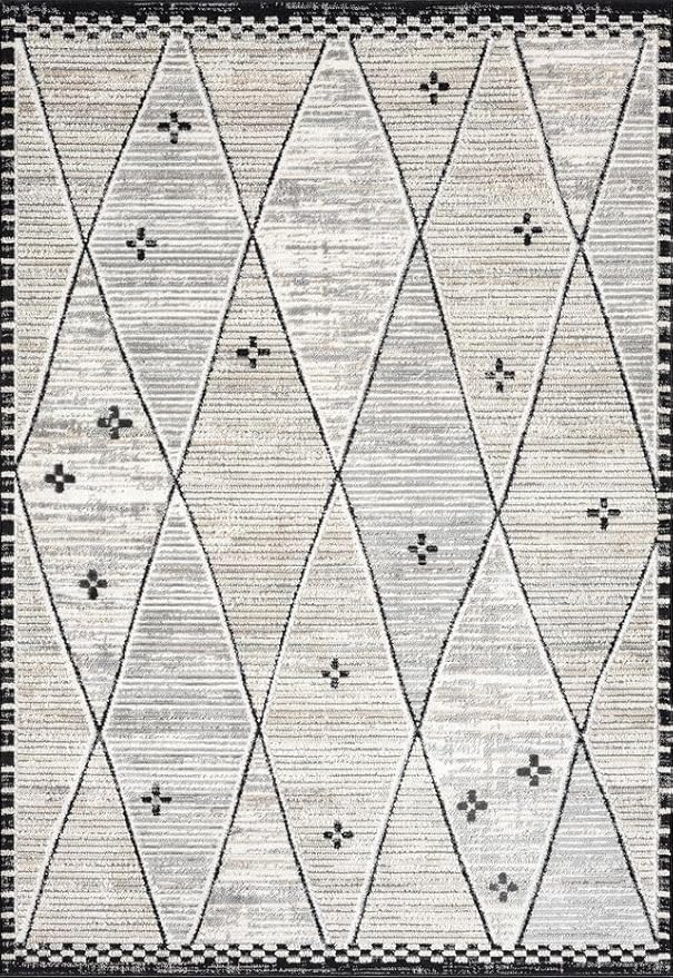 Abani Viva Cream & Grey Area Rug 2' x 3' for Living Room, Bedroom - Farmhouse Diamond Pattern - Durable & Easy to Clean