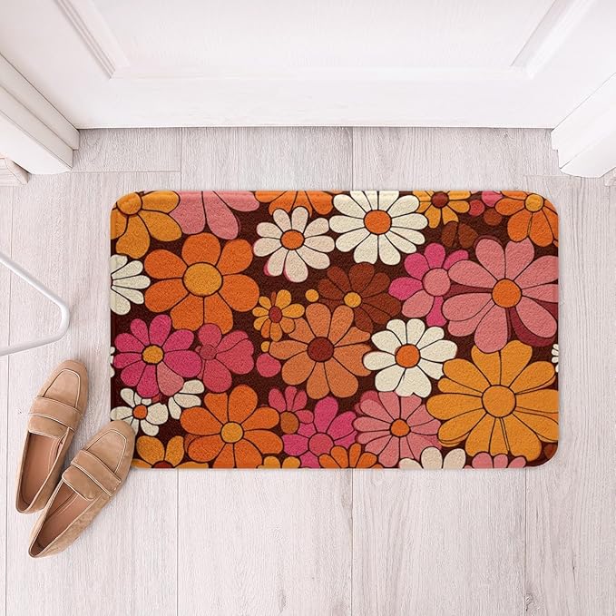 Erosebridal Groovy Floral Bathroom Rugs for Girls Retro Flower Bath Mat Chic Daisy Non Slip Bath Rugs Groovy Party Decorations Fluffy Plush Rugs 20x32 70s Party Decorations Shower Carpet
