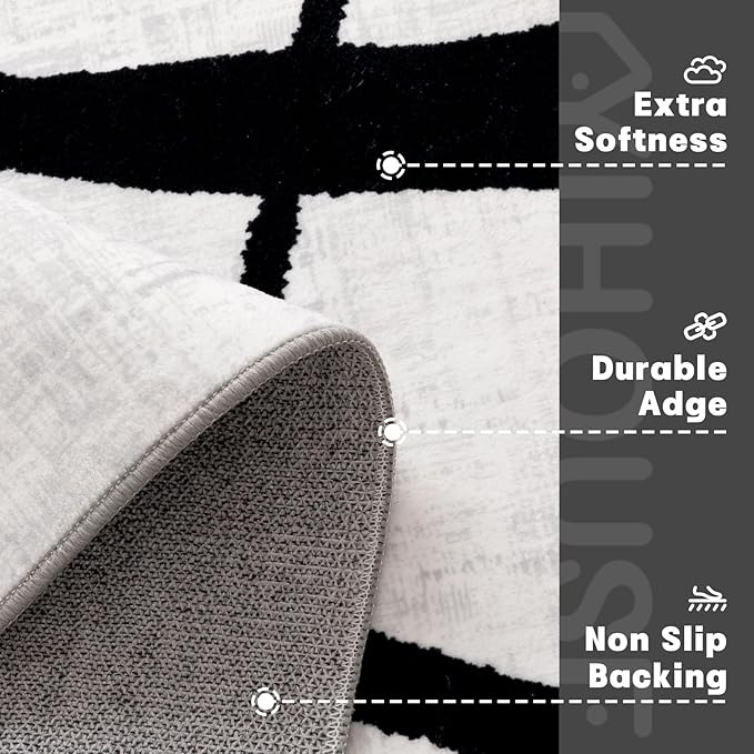 YIHOUSE Curve 9x12ft Modern Washable Area Rug for Living Room Bedroom - Large Abstract Black and White Rug Non-Slip Ultra-Thin Home Decor