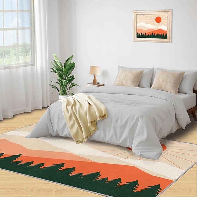 Boho Sun Area Rugs 4x6ft, Minimalist Mountain Carpet for Bedroom, Abstraction Deco Rug for Living Room Easy to Clean for Indoor Outdoor Hardwood Floors Home Decor